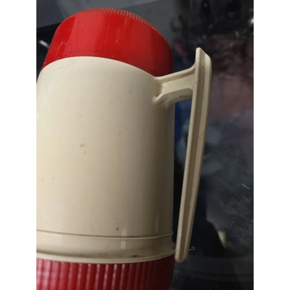 Vintage Thermos Vacuum Bottle/Jar Model 6002 Tan/Red USA Wide Mouth Glass Lined